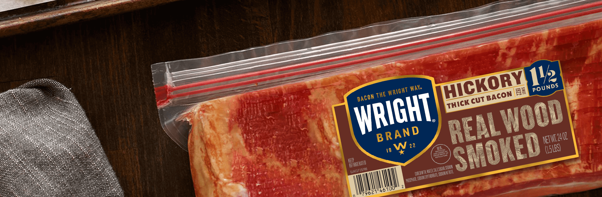 Wright Brand Hickory Smoked Bacon On Counter